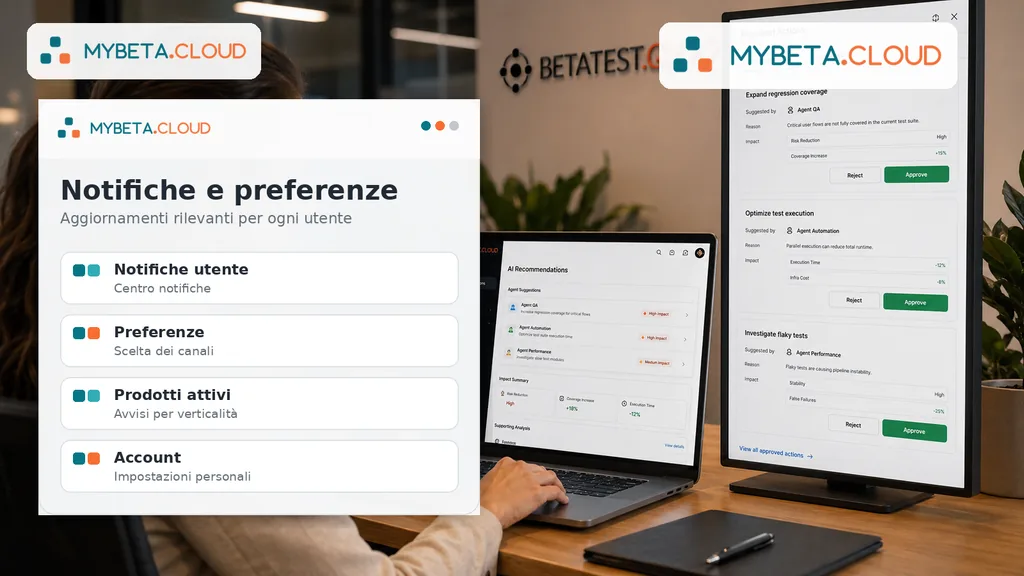 Schermata dimostrativa del centro notifiche del Portale MyBeta con le sezioni notifiche utente, preferenze dei canali, prodotti attivi e account.