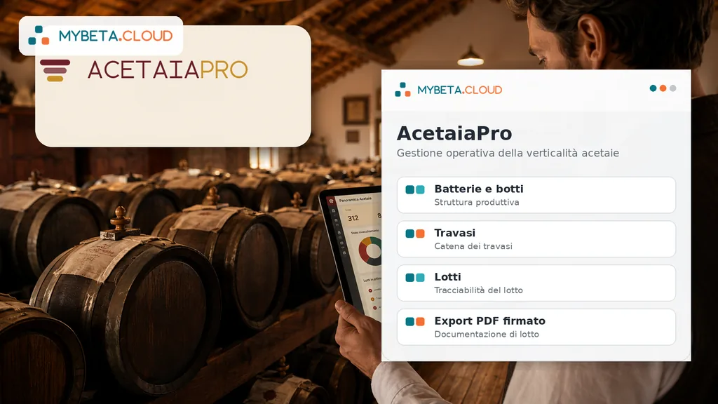 Operatore in un'acetaia tradizionale consulta su tablet la panoramica di AcetaiaPro, con botti e stato di invecchiamento (interfaccia dimostrativa).