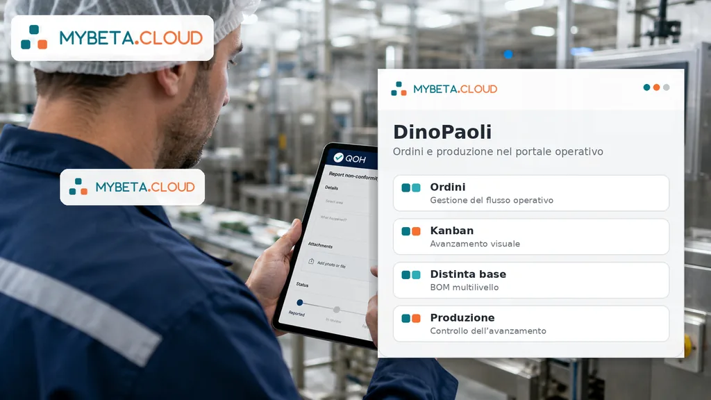 Operatore in stabilimento consulta su tablet la schermata DinoPaoli con lo stato delle macchine (interfaccia dimostrativa, prodotto in sviluppo).