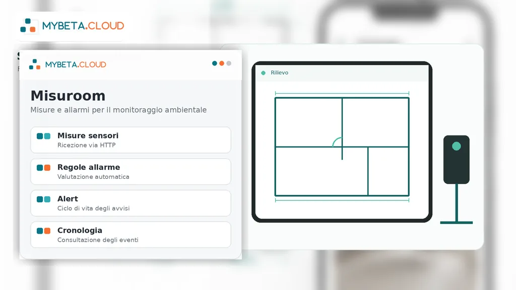 Interfaccia dimostrativa di Misuroom con la planimetria di un ambiente rilevato.